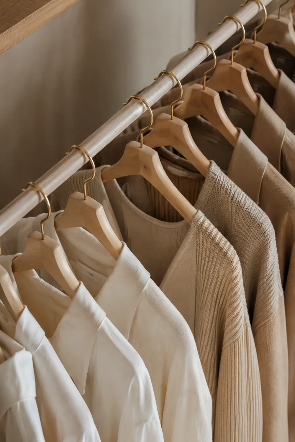 Matching natural wood hangers with brass hooks arranged in tonal color blocks on open wardrobe rail