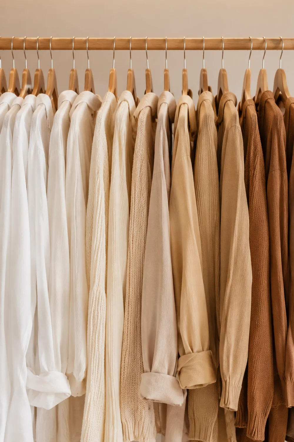 Color gradient clothing hang on wooden rail from white to camel in a neutral closet