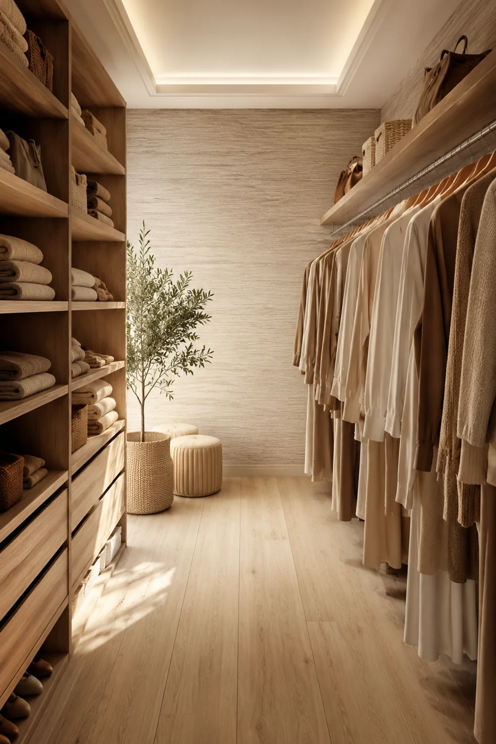 Warm cream peel-and-stick wallpaper on closet back wall with natural oak shelving and neutral clothing hang