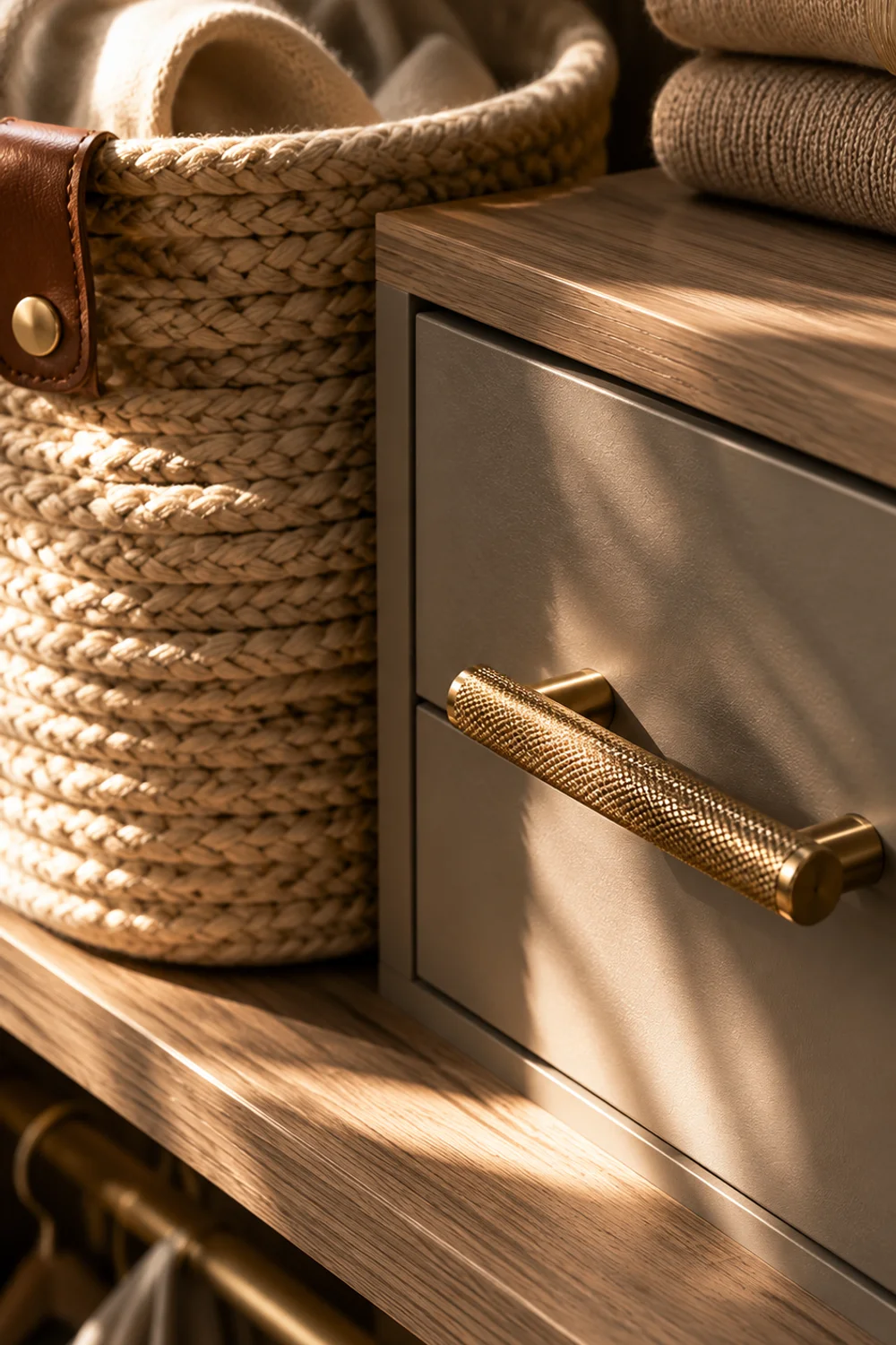 Woven cotton rope basket, matte wood storage and brushed metal hardware together on neutral closet shelf