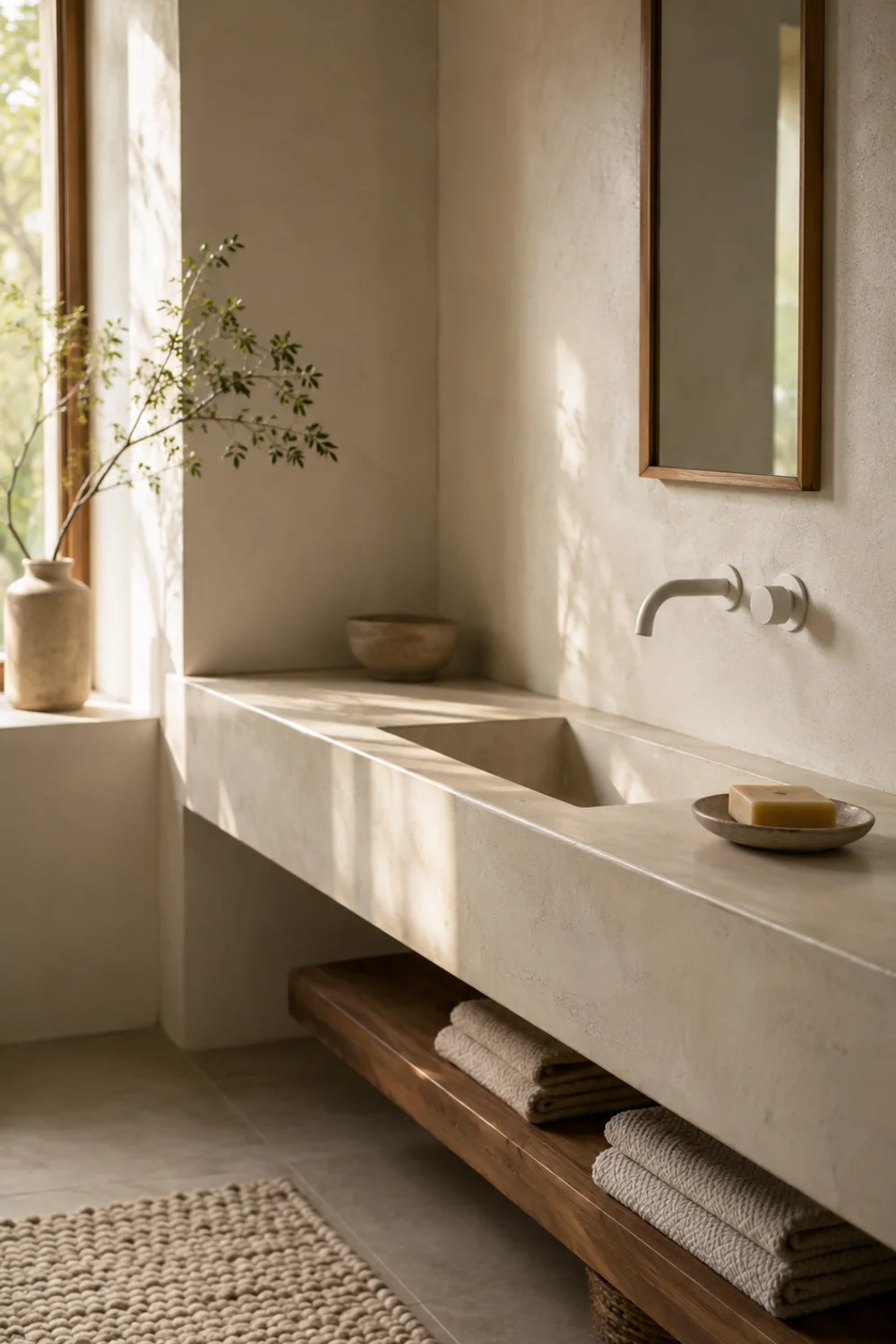 Warm neutral guest bathroom foundation with soft natural light and clean greige tile