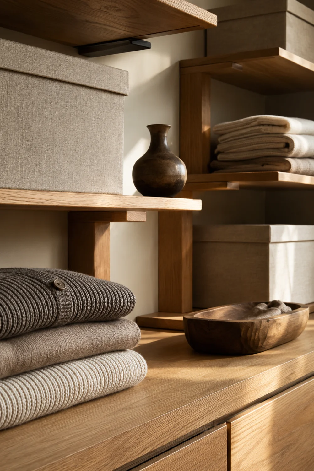 Open closet shelf with wooden shelf risers creating height variation, folded knitwear and linen boxes styled in a composed arrangement