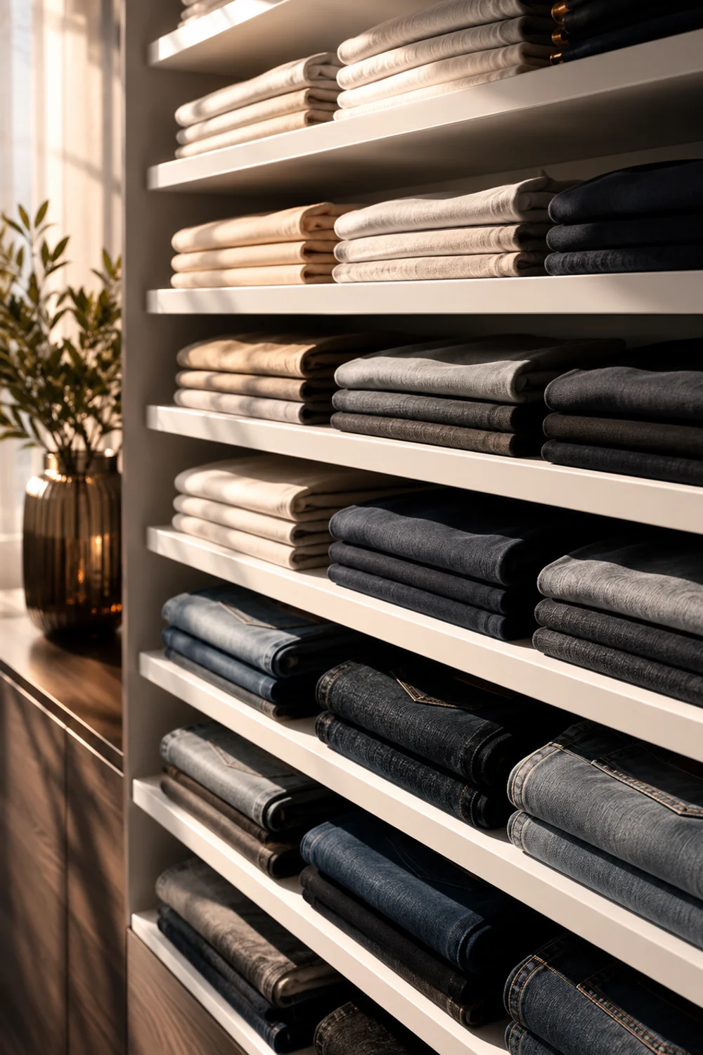 Open closet shelving with tonal folded denim and t-shirts arranged at optimal shelf height and depth