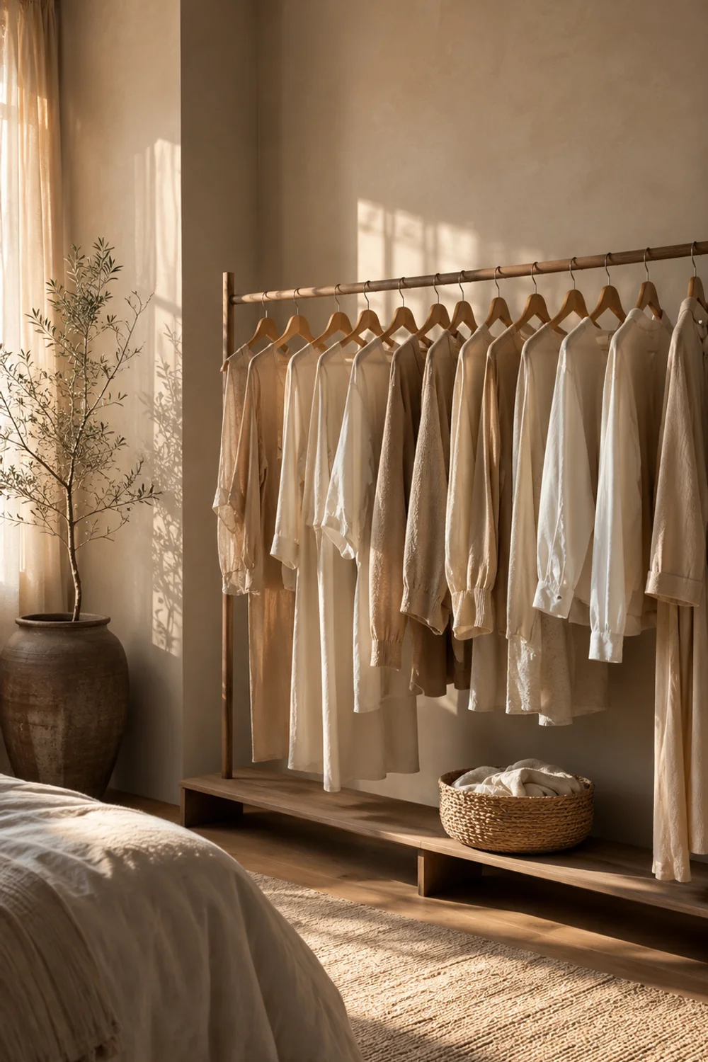 Open wardrobe styled as a room feature with edited neutral garments, breathing room, and intentional composition