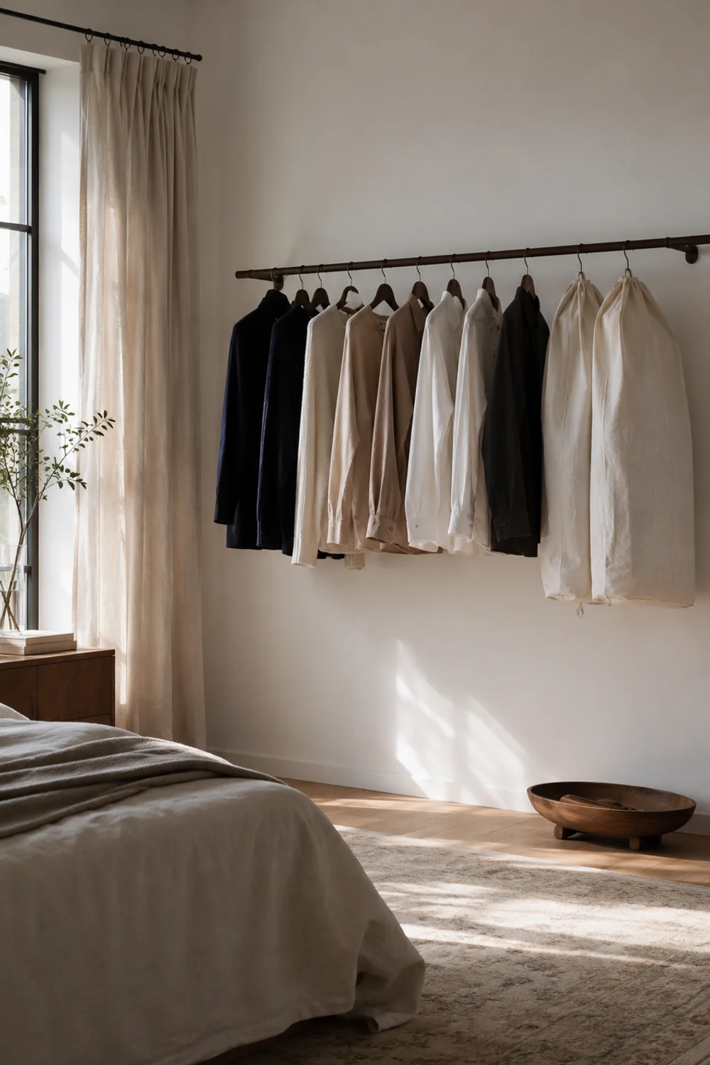 Deliberately spaced open wardrobe rail with linen garment dust covers and breathing room between pieces