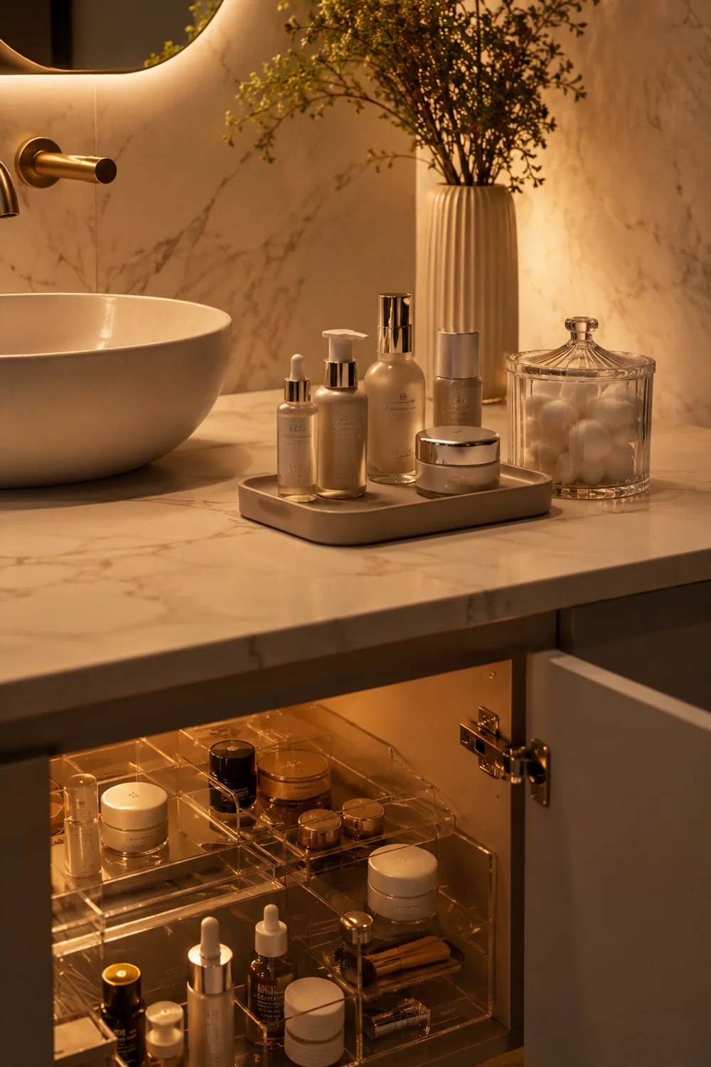 Organized bathroom vanity with tray and under-sink cabinet storage