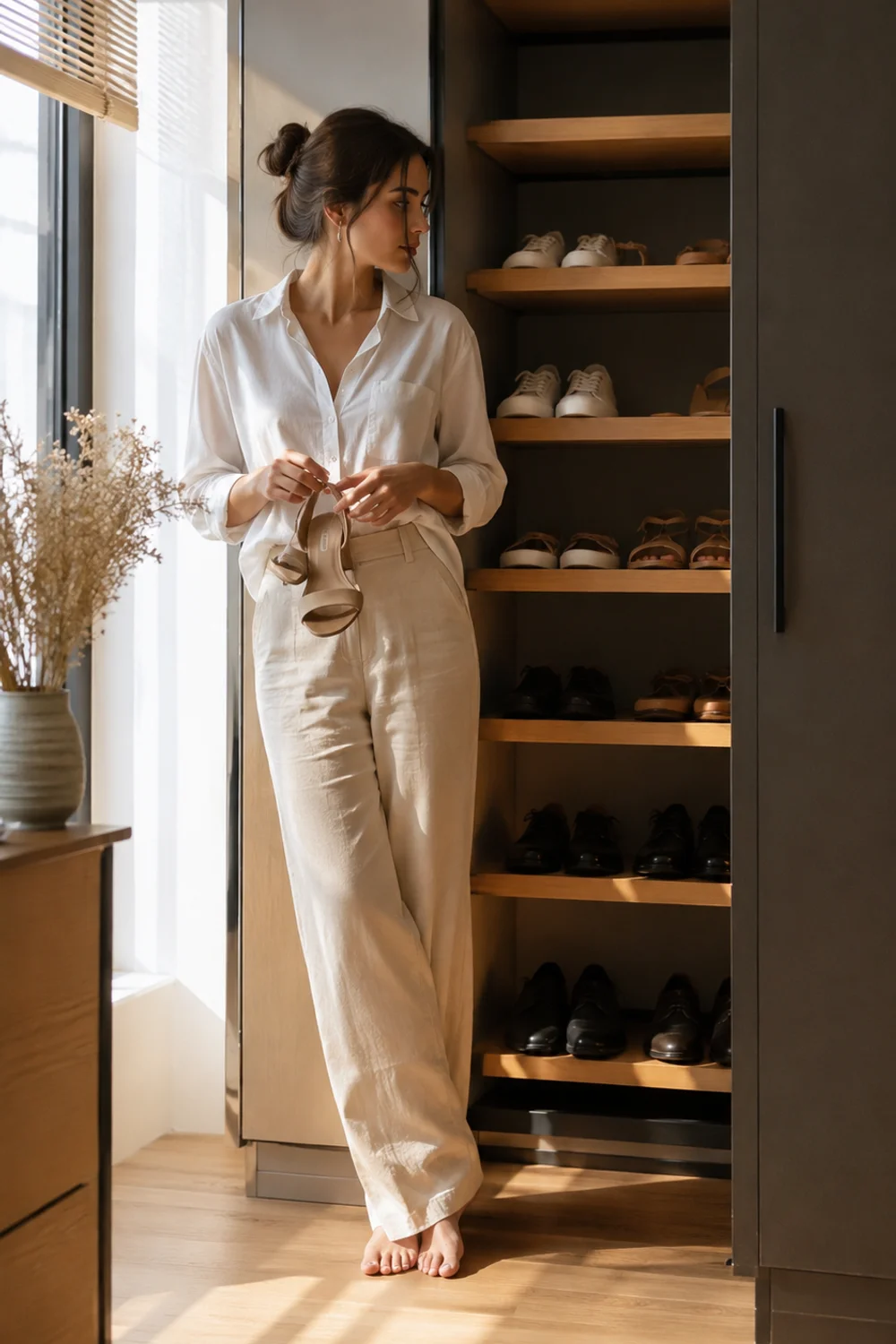 Person picking up shoes from a neatly organized floating ledge closet in calm morning light