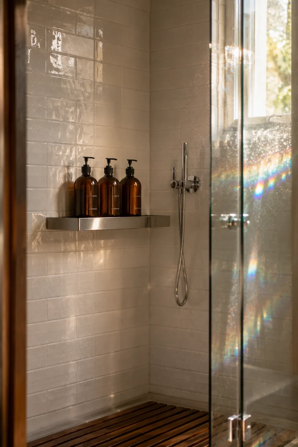 Organized shower caddy with products arranged in a clean white tile shower