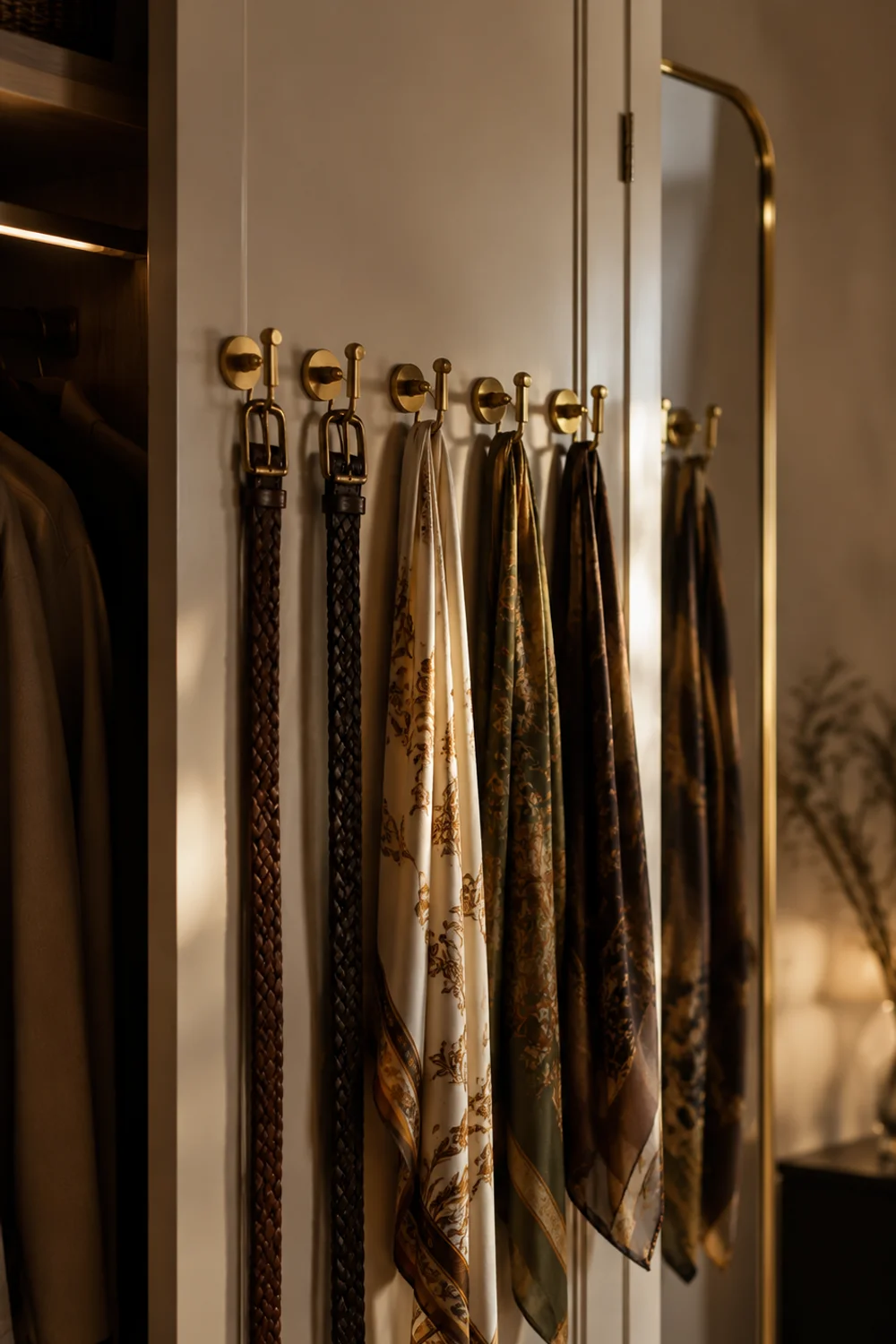 Closet door interior with matte brass hooks holding organized belts and silk scarves neatly