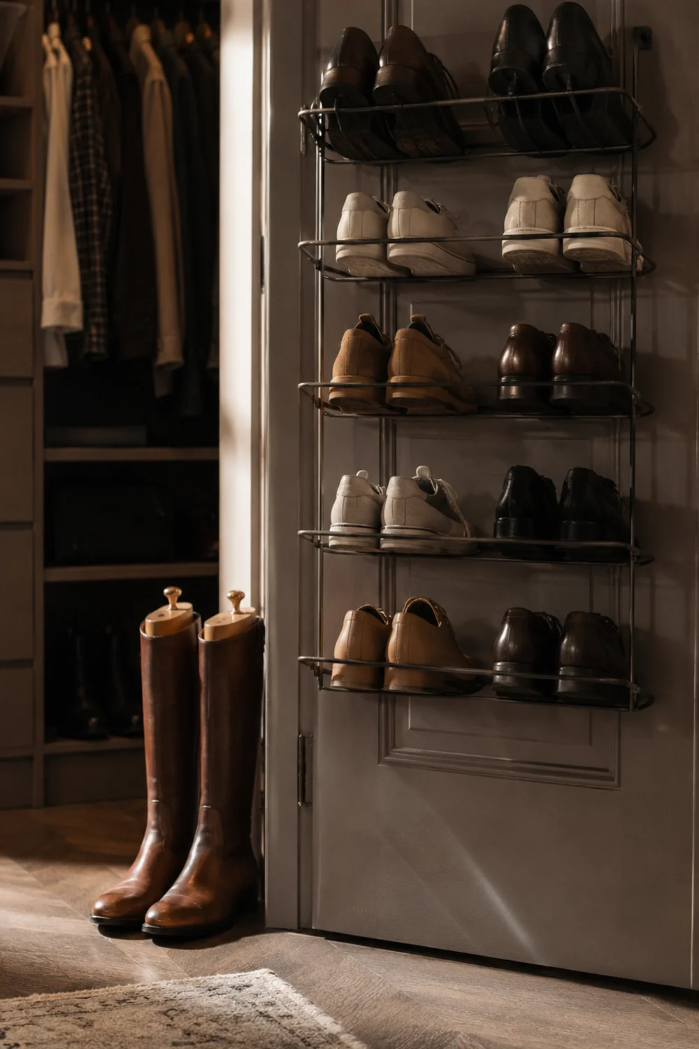 Over-the-door shoe organizer with tiered shoes and tall boots with shapers