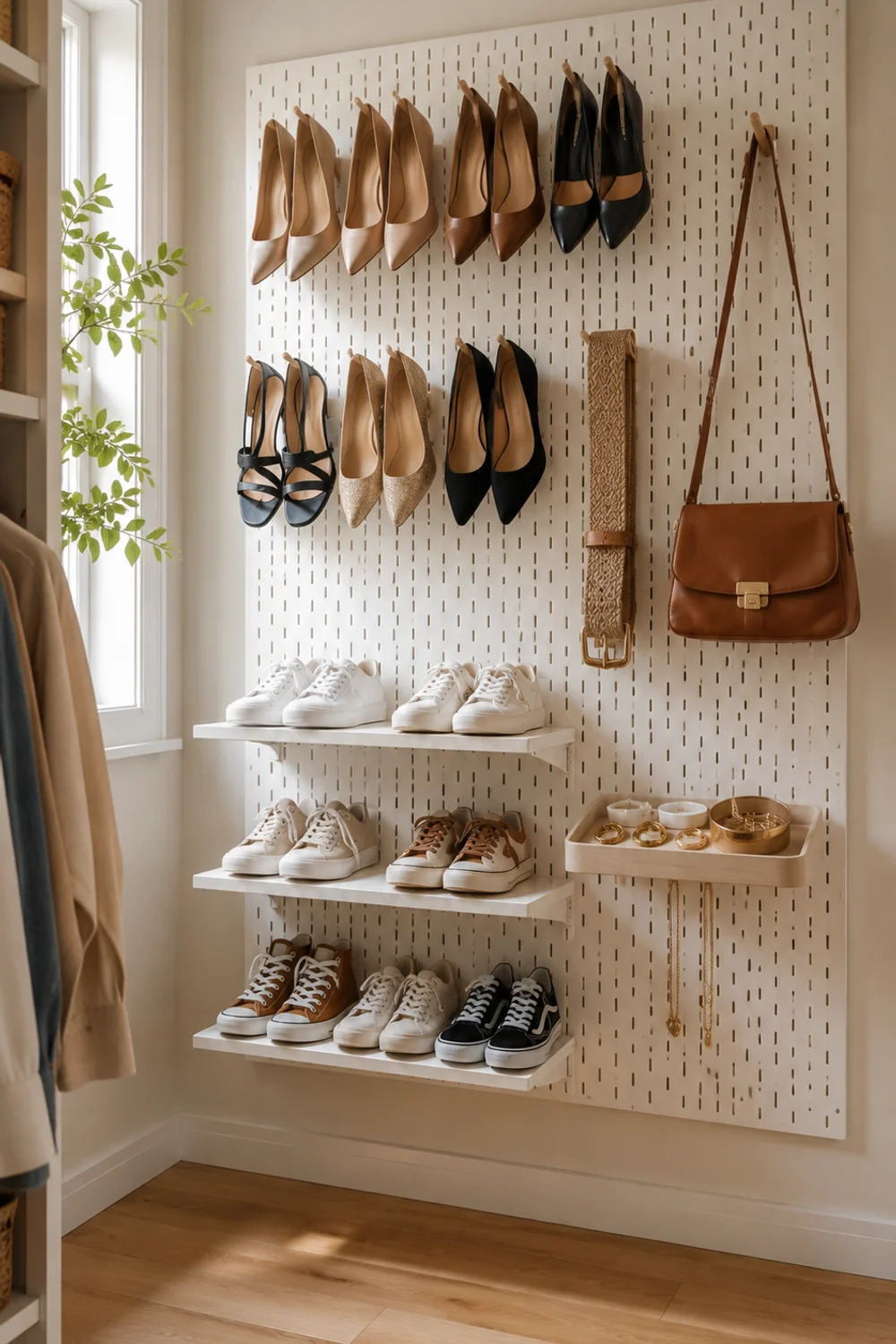 Pegboard wall organizer with heel hooks displaying shoes and shelves for accessories in a small dressing room