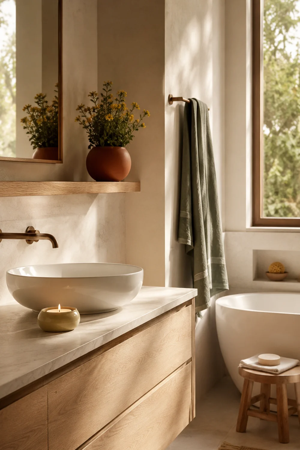 White Scandinavian bathroom with dusty sage towel, terracotta planter and sage green candle as subtle color accents