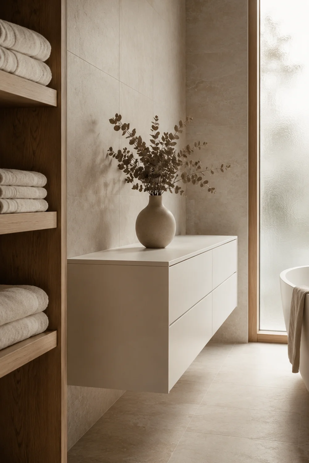 Minimalist Scandinavian bathroom with floating white vanity, oak shelf, and soft natural light through frosted glass