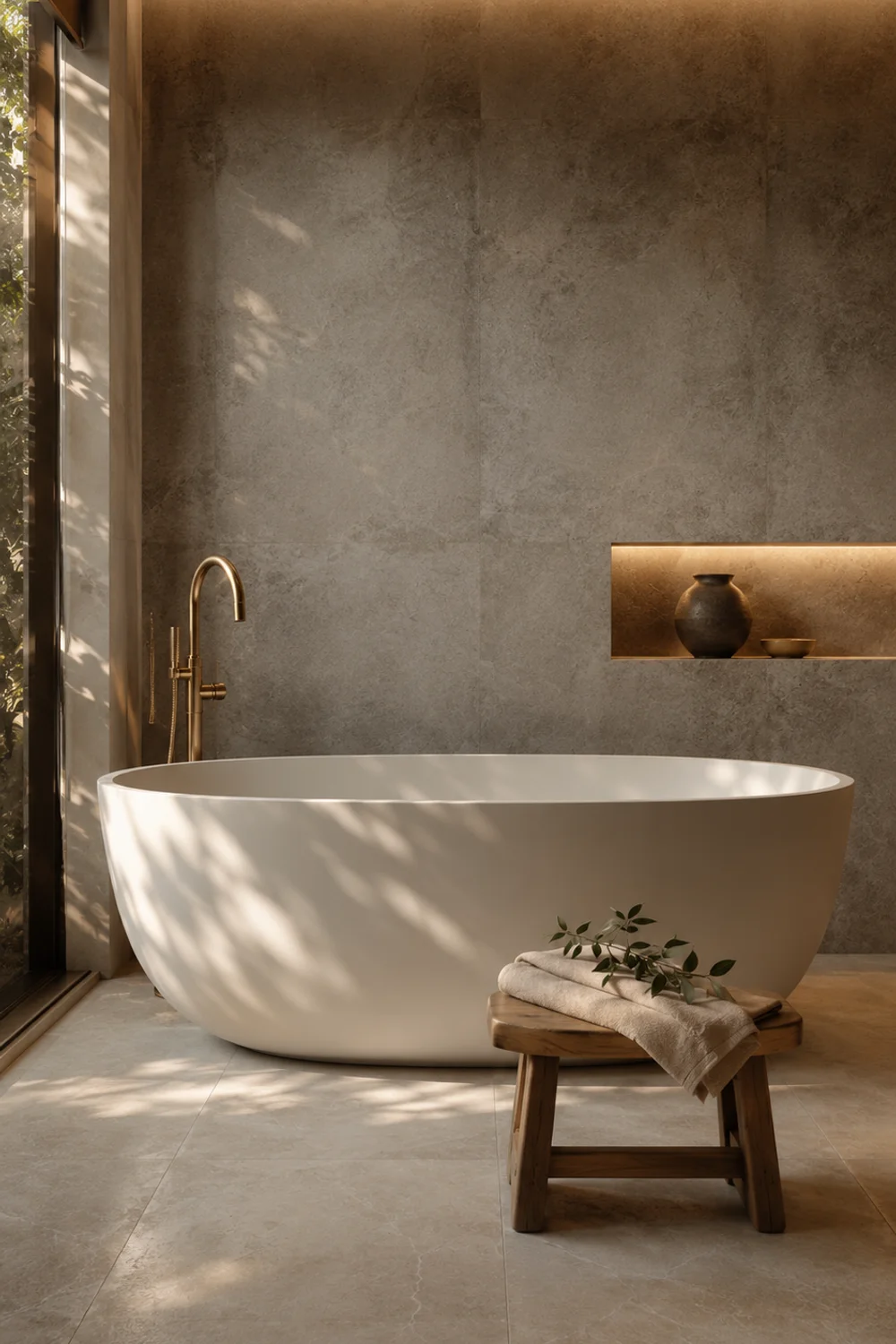 Oval freestanding matte white bathtub beside concrete feature wall with brushed brass floor tap and teak stool in Scandinavian bathroom