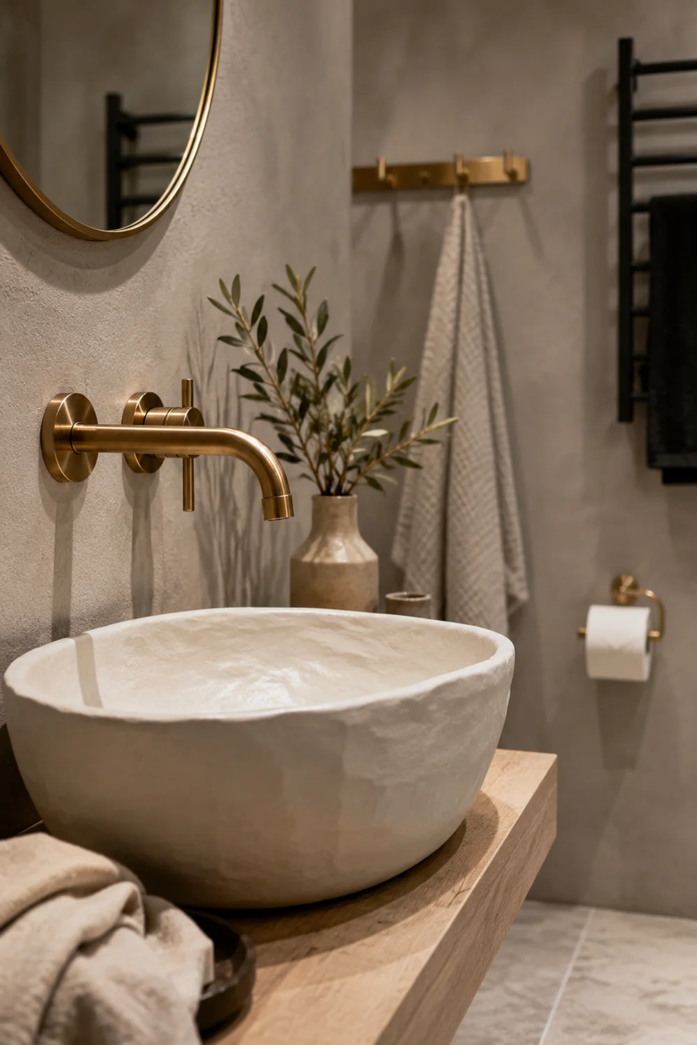 Brushed brass bathroom tap, matte black towel rail and matching hardware details in a cohesive Scandinavian bathroom