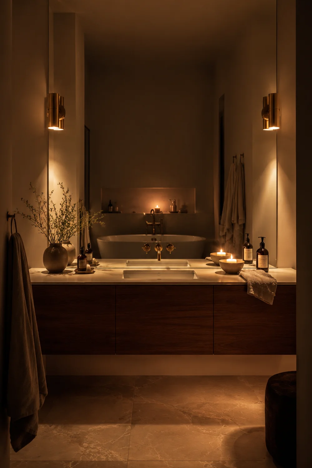 Scandinavian bathroom at dusk lit by brushed brass wall sconces flanking a frameless mirror with candle light on vanity