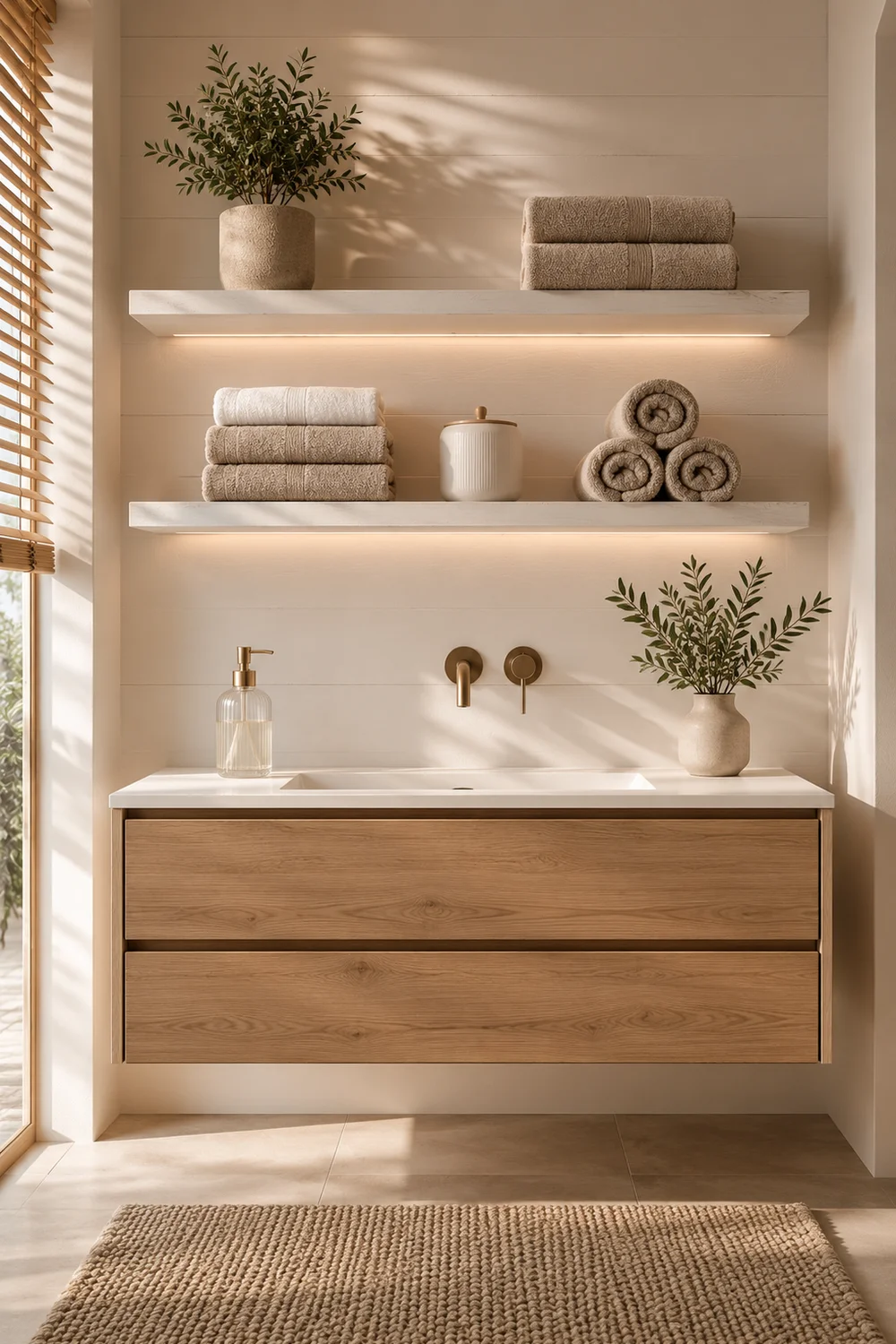 Minimalist Scandinavian bathroom storage with open pine shelf, white ceramic canisters, floating vanity and clean surfaces