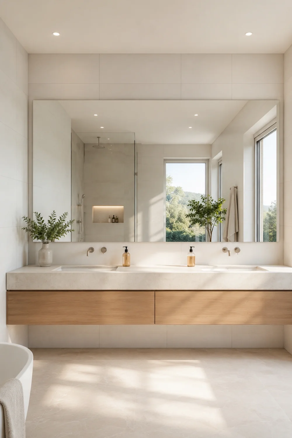 Wide frameless mirror reflecting natural light in a double vanity Scandinavian bathroom with stone countertop and white tiles