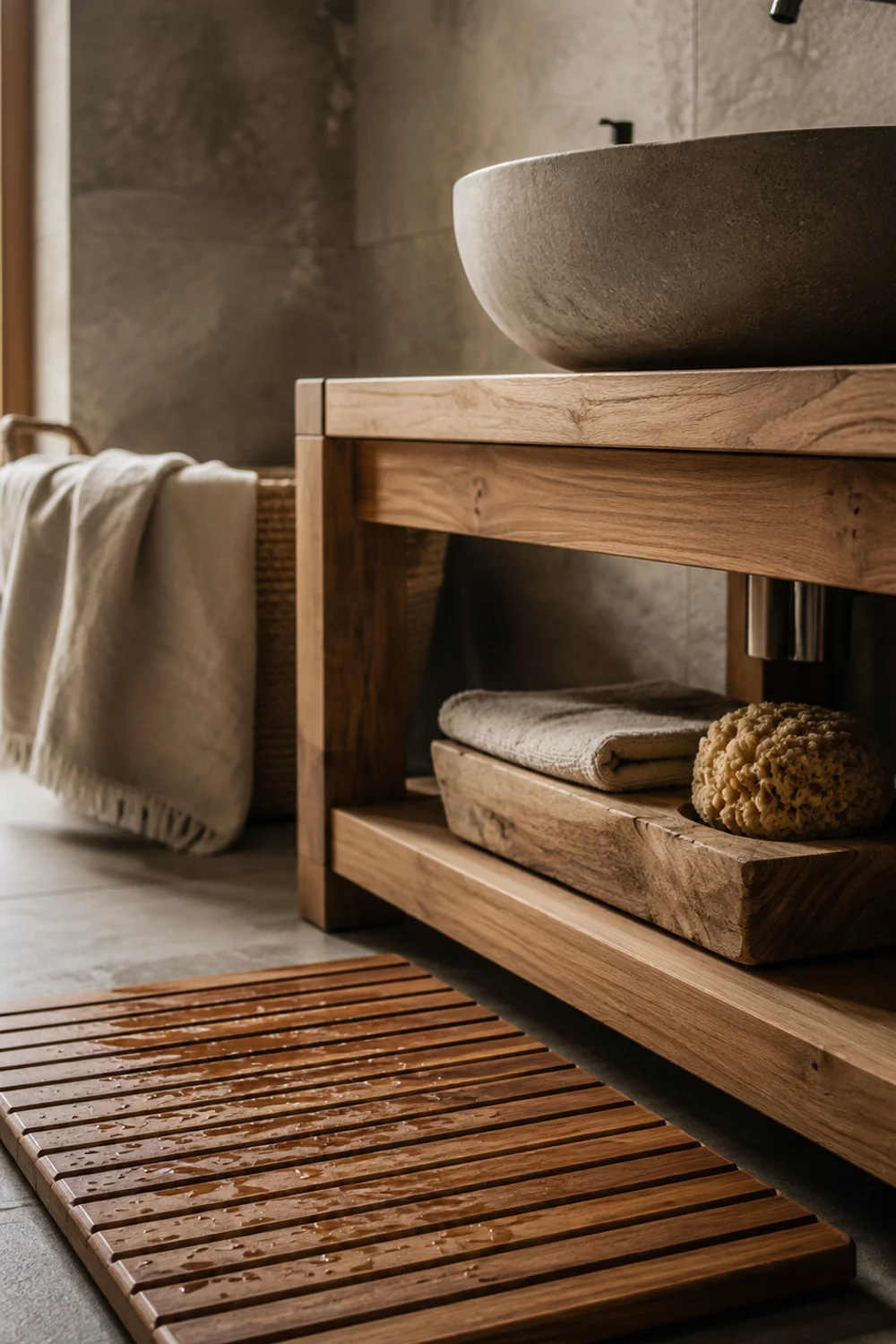 Teak bath mat beside stone-effect ceramic basin on oak vanity in Scandinavian bathroom with textured materials