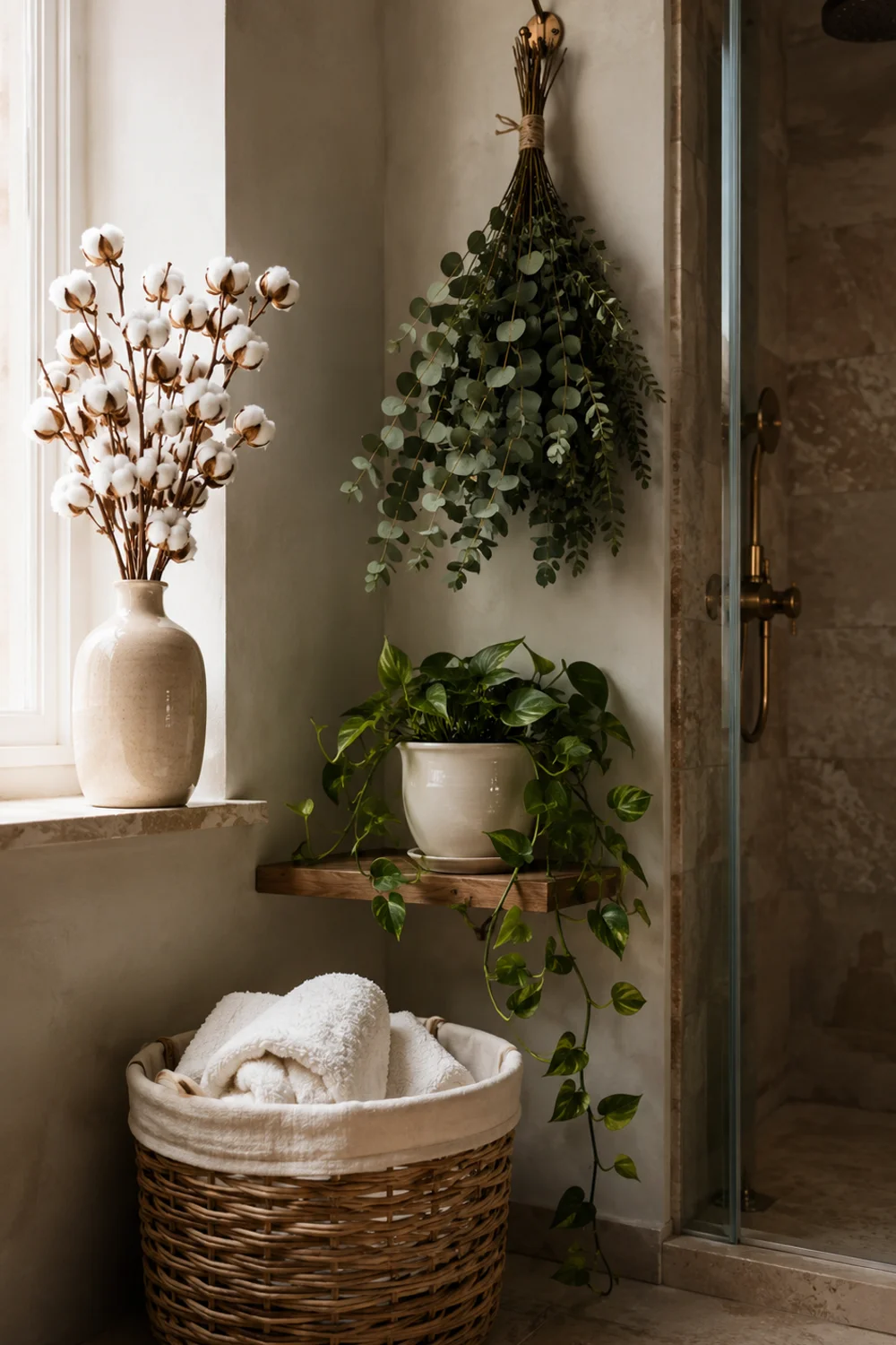 Scandinavian bathroom corner with hanging eucalyptus bundle, trailing pothos in terracotta planter and dried cotton stems on windowsill
