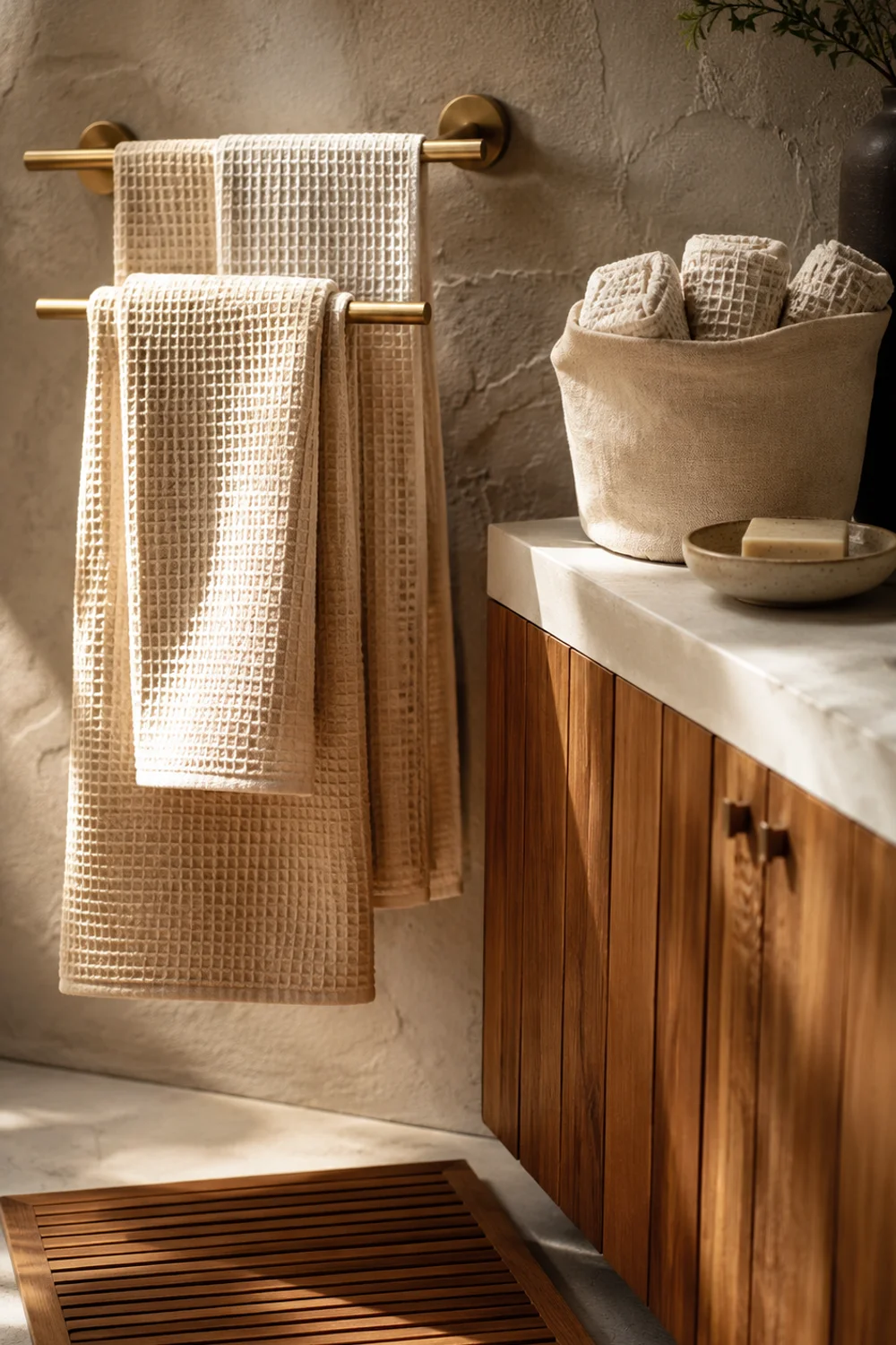 Waffle weave linen towels on brushed brass rail with teak bath mat and handmade ceramic soap dish in Scandinavian bathroom