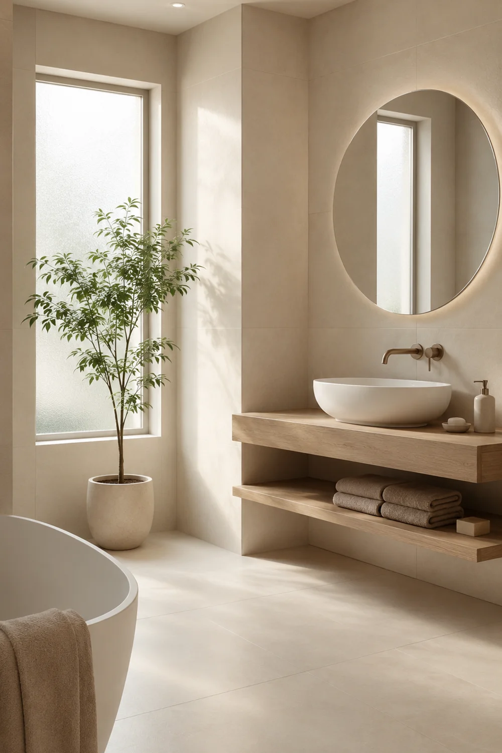 Warm white Scandinavian bathroom with large-format matte tiles, frameless round mirror, and soft natural light