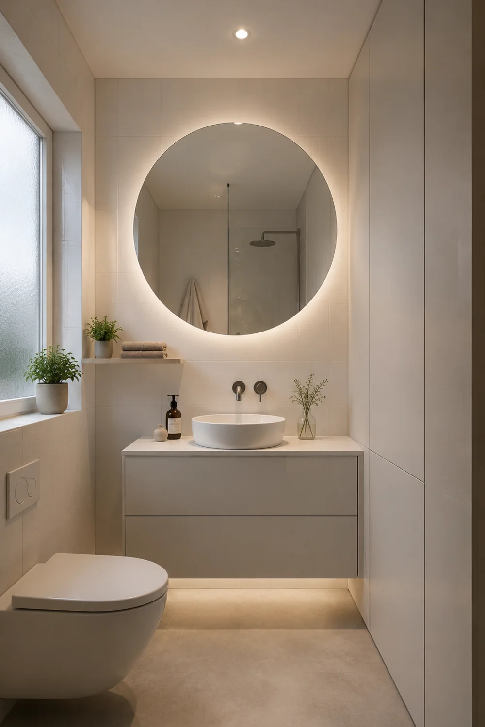 Small Scandinavian bathroom with ceiling-height white cabinetry, large frameless round mirror and frosted window for spacious feel