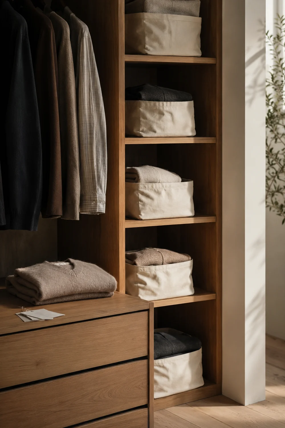 Breathable cotton storage bags on closet shelf beside folded seasonal clothes and wooden drawer unit