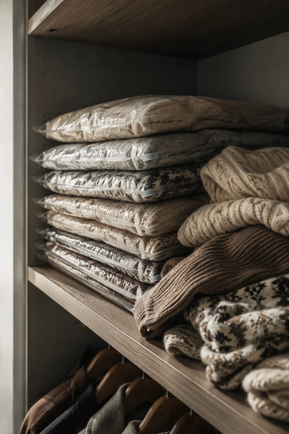 Closet shelf with winter sweaters compressed into vacuum storage bags for seasonal rotation