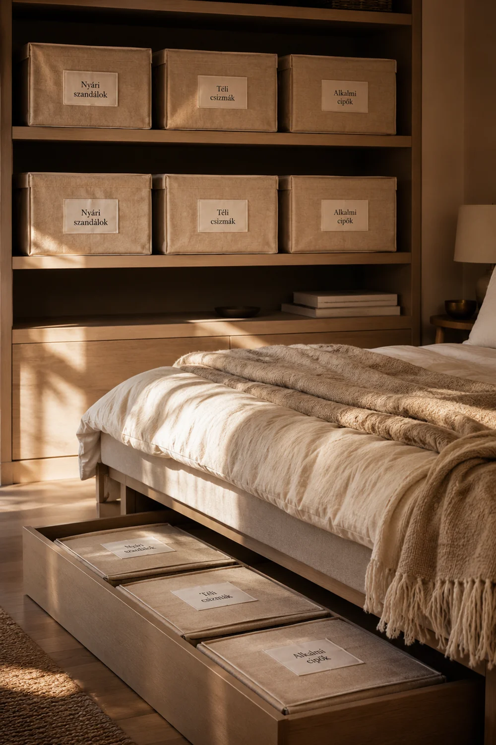Breathable canvas shoe storage boxes with handwritten labels on high shelves and under-bed zone for seasonal archive