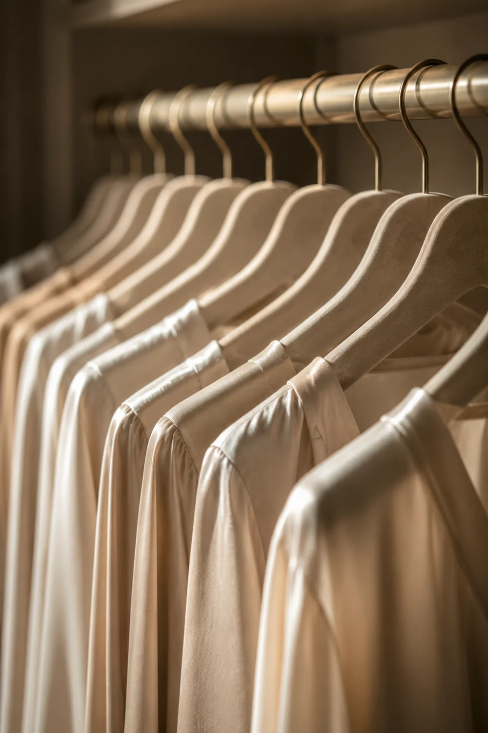 Slim velvet hangers evenly spaced with blouses on a closet rod