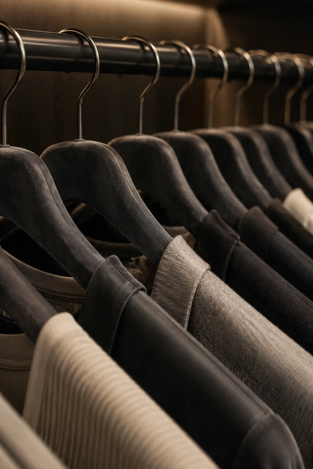 Row of matching slim velvet hangers holding clothes at uniform height