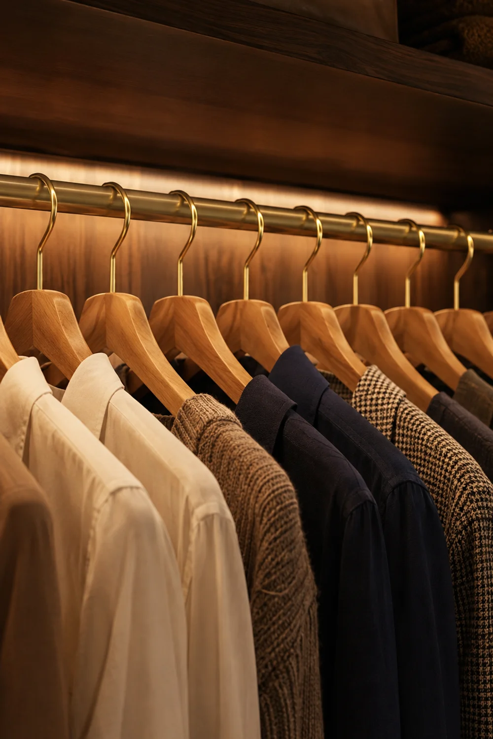 Slim wooden hangers with brass hooks holding clothes in uniform row on small bedroom closet rod
