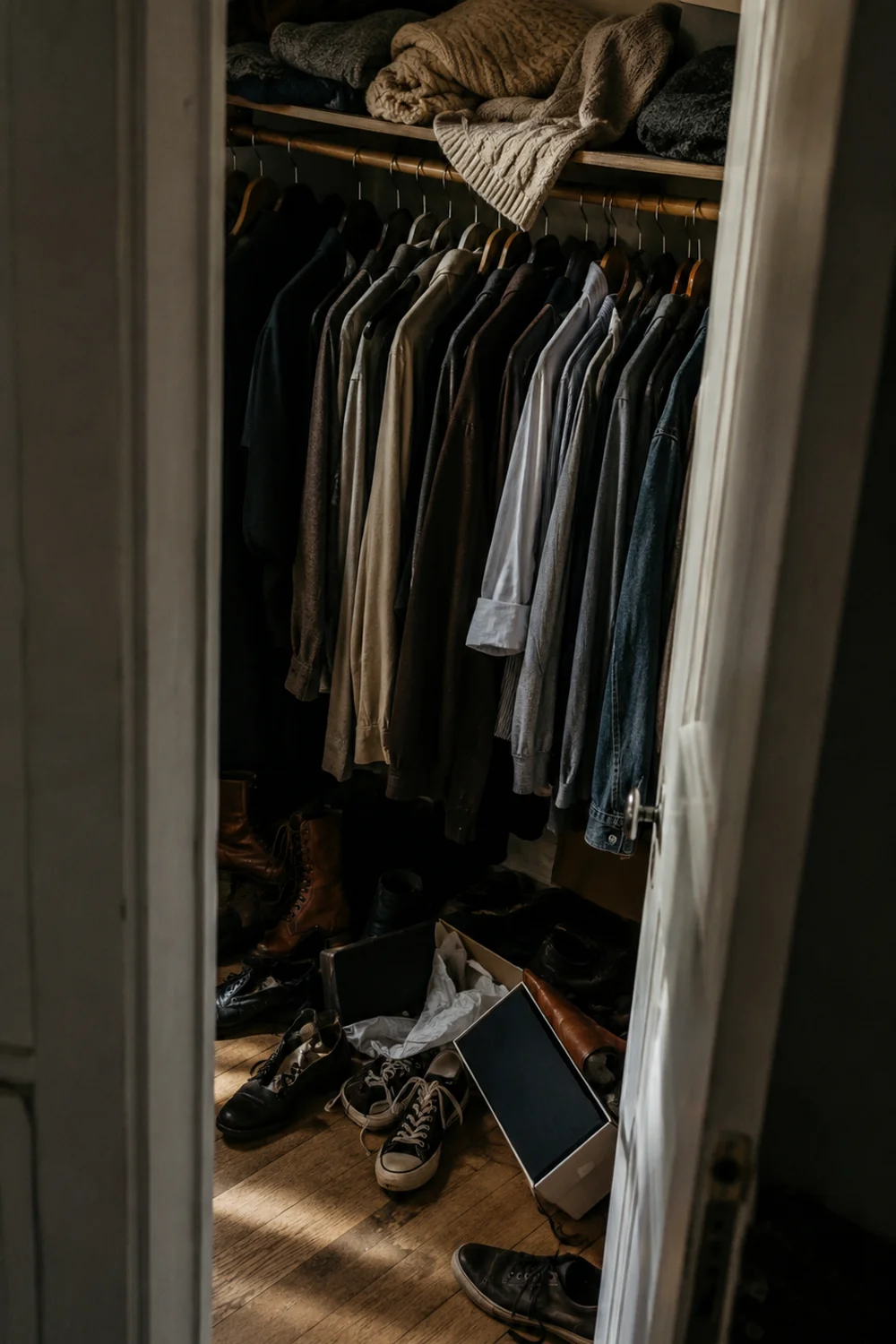Cluttered small apartment closet with single rod, piled shoes, and overflowing shelf