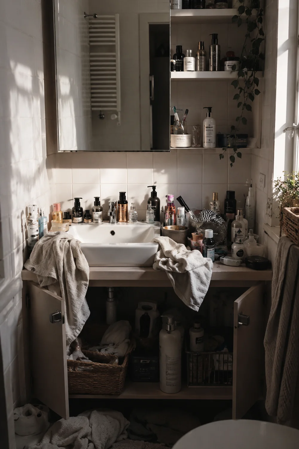 Cluttered small bathroom counter before decluttering and organization