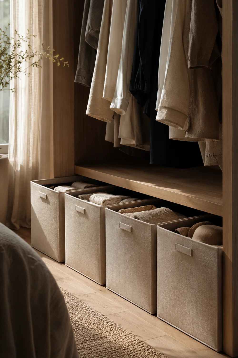 Structured linen fabric cube storage boxes in a row on small bedroom closet floor, soft texture and clean corners
