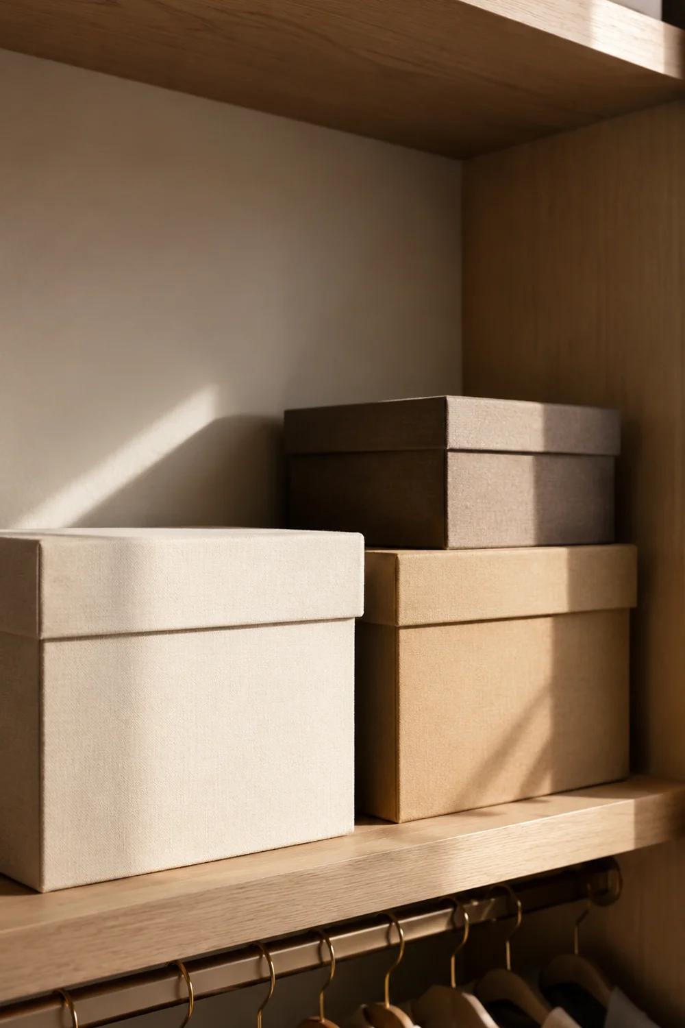 Stackable neutral-tone lidded storage boxes on pale oak closet shelf in three tonal depths