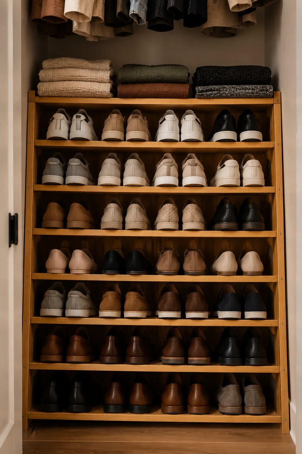 7-tier bamboo shoe tower rack on the floor of a small closet holding over 20 pairs of shoes