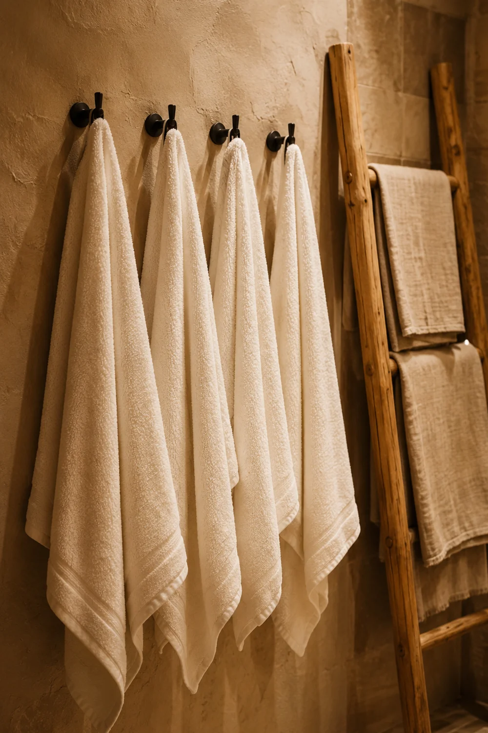 Matte black towel hooks and wooden towel ladder in a warm bathroom