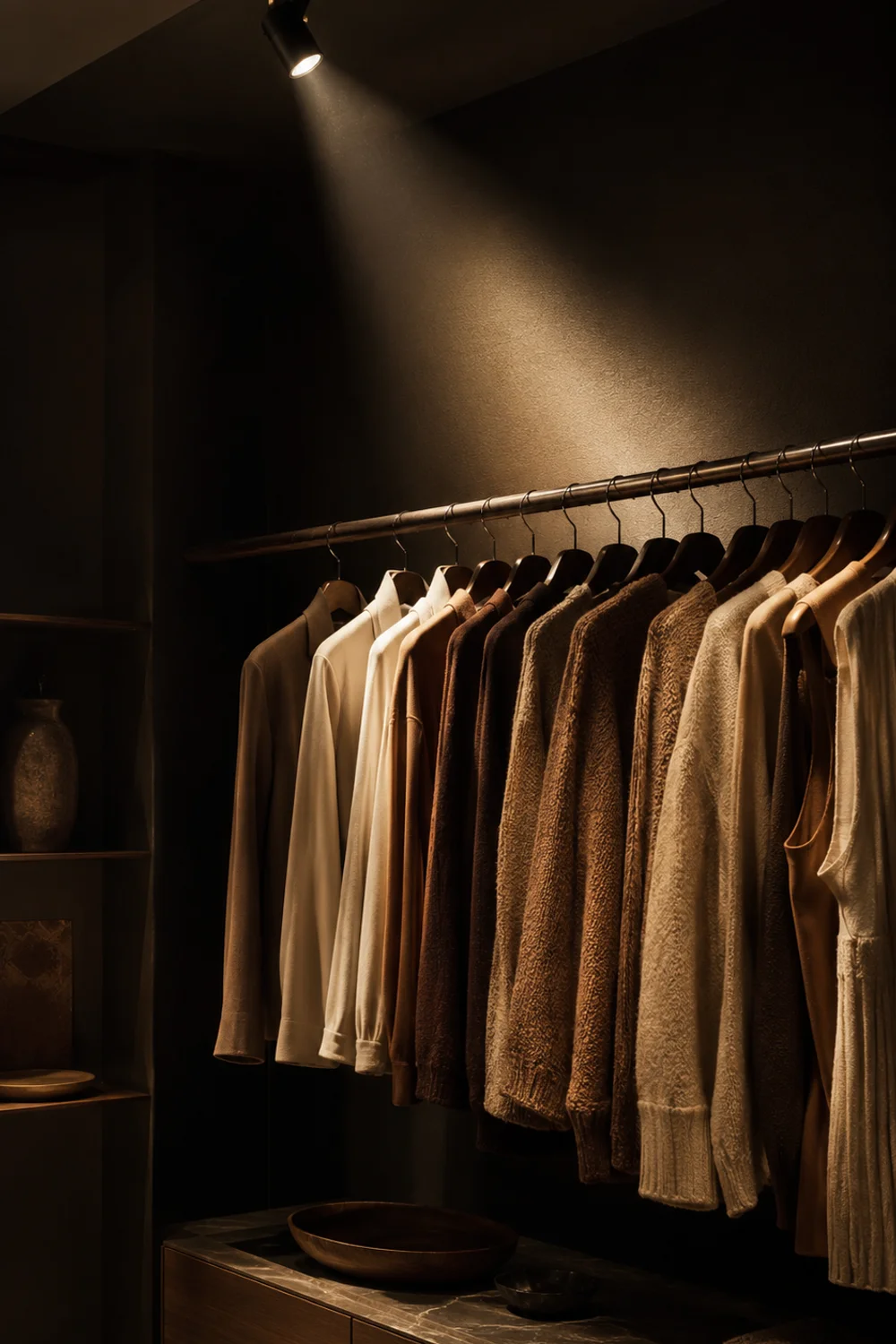 Adjustable track spotlight angled toward open wardrobe clothing rack with dramatic accent lighting effect