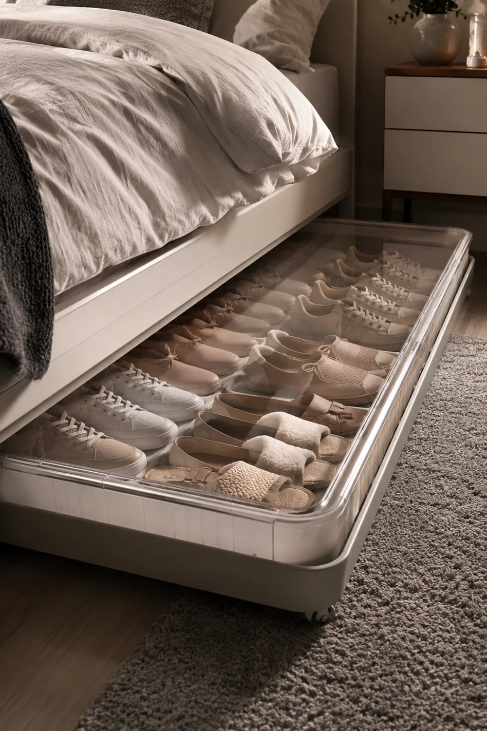 Wheeled under-bed shoe storage drawer pulled out to reveal neatly organized pairs of flat shoes