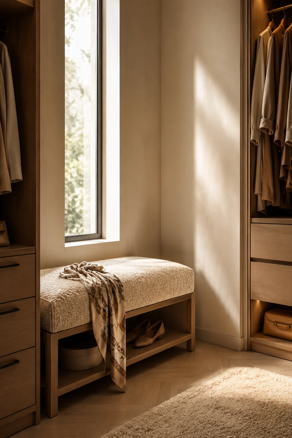 Upholstered boucle ottoman in a walk-in closet corner with soft natural light and an open shelf nearby