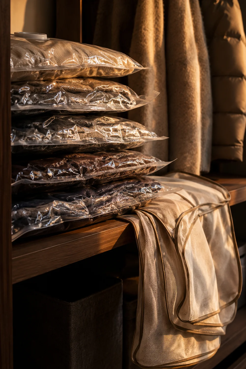 Vacuum-sealed clothing bags stacked beside breathable garment bags on a closet shelf
