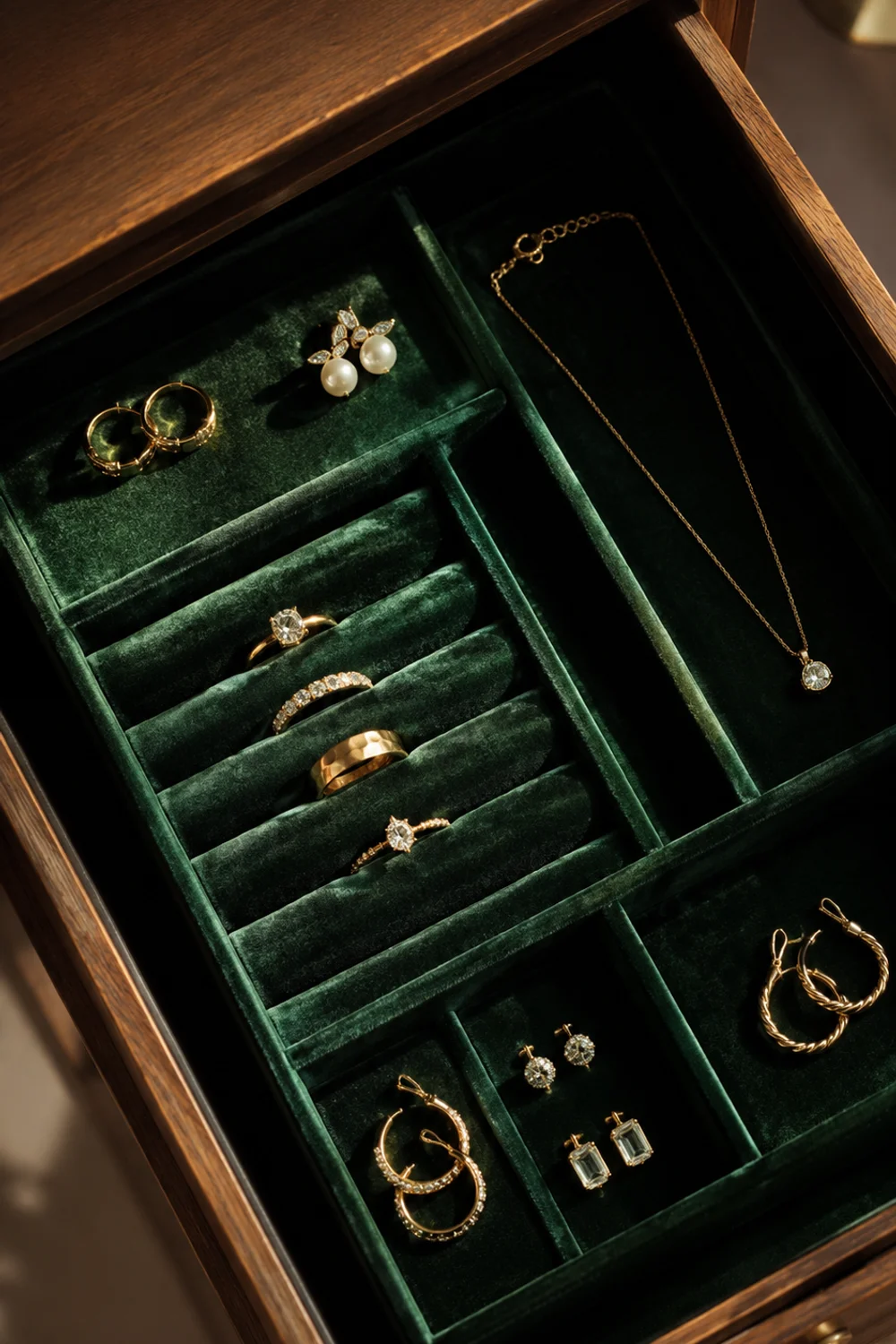Velvet-lined jewelry tray with separated compartments for rings and necklaces