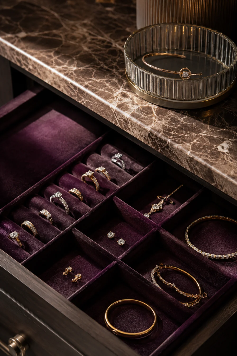 Open velvet-lined jewelry drawer insert with rings, bracelets, and earrings organized in individual compartments