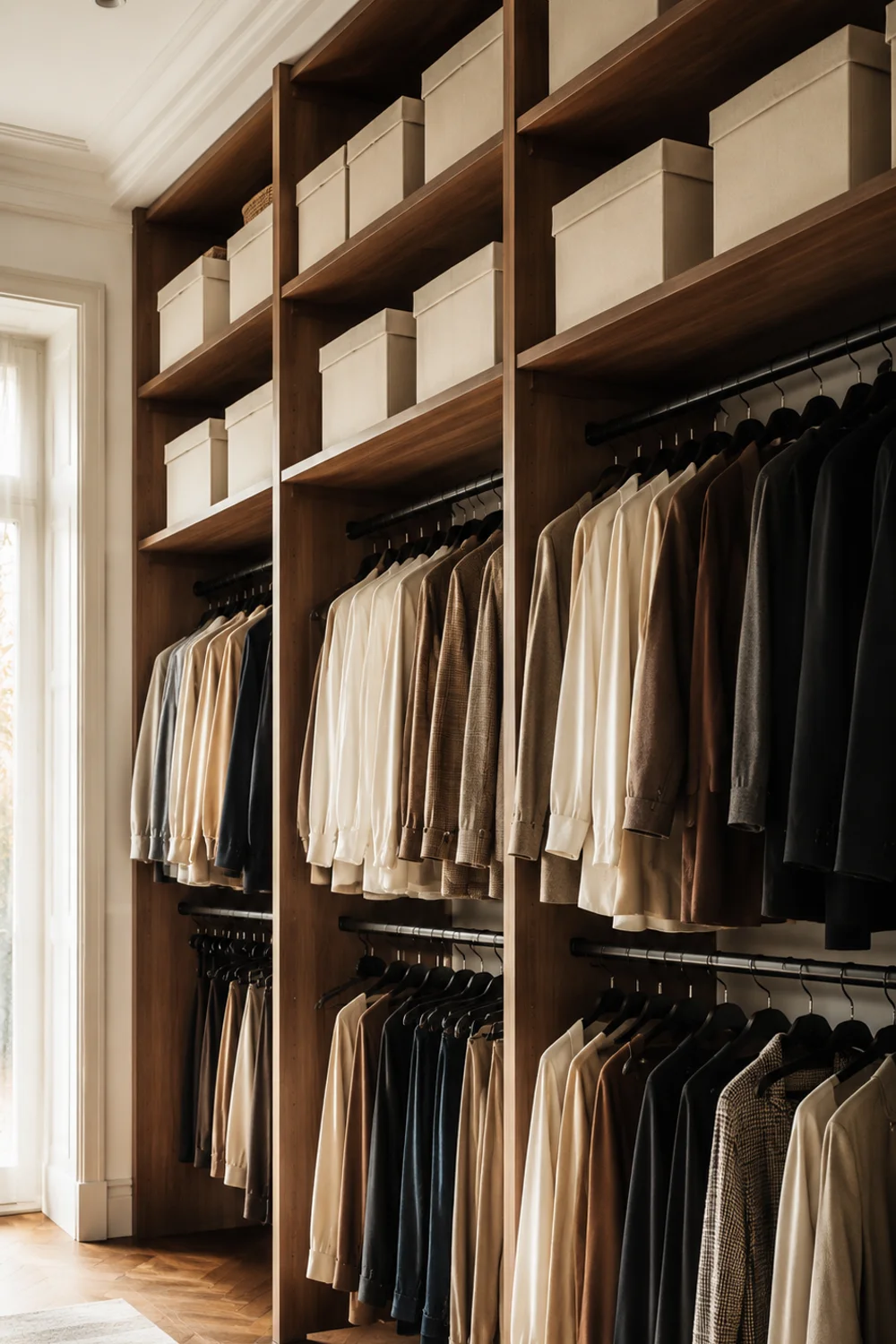Floor-to-ceiling closet shelving system with double hanging rod and matching storage boxes above