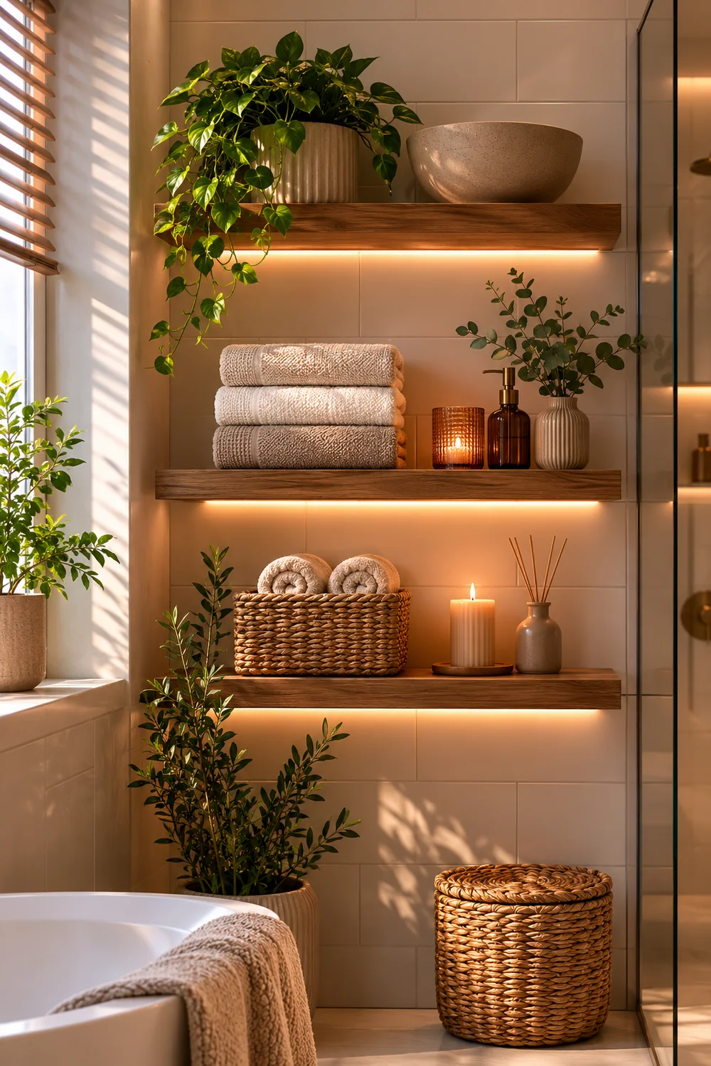 Floating shelves with plants and folded towels in a small bathroom