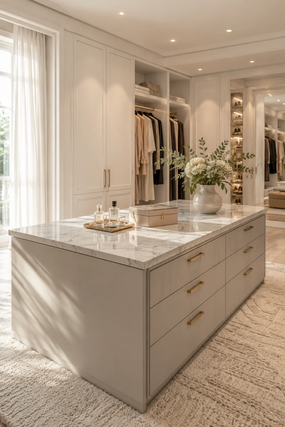 Luxury walk-in closet with marble-top center island, cream rug, and built-in white cabinetry under warm lighting