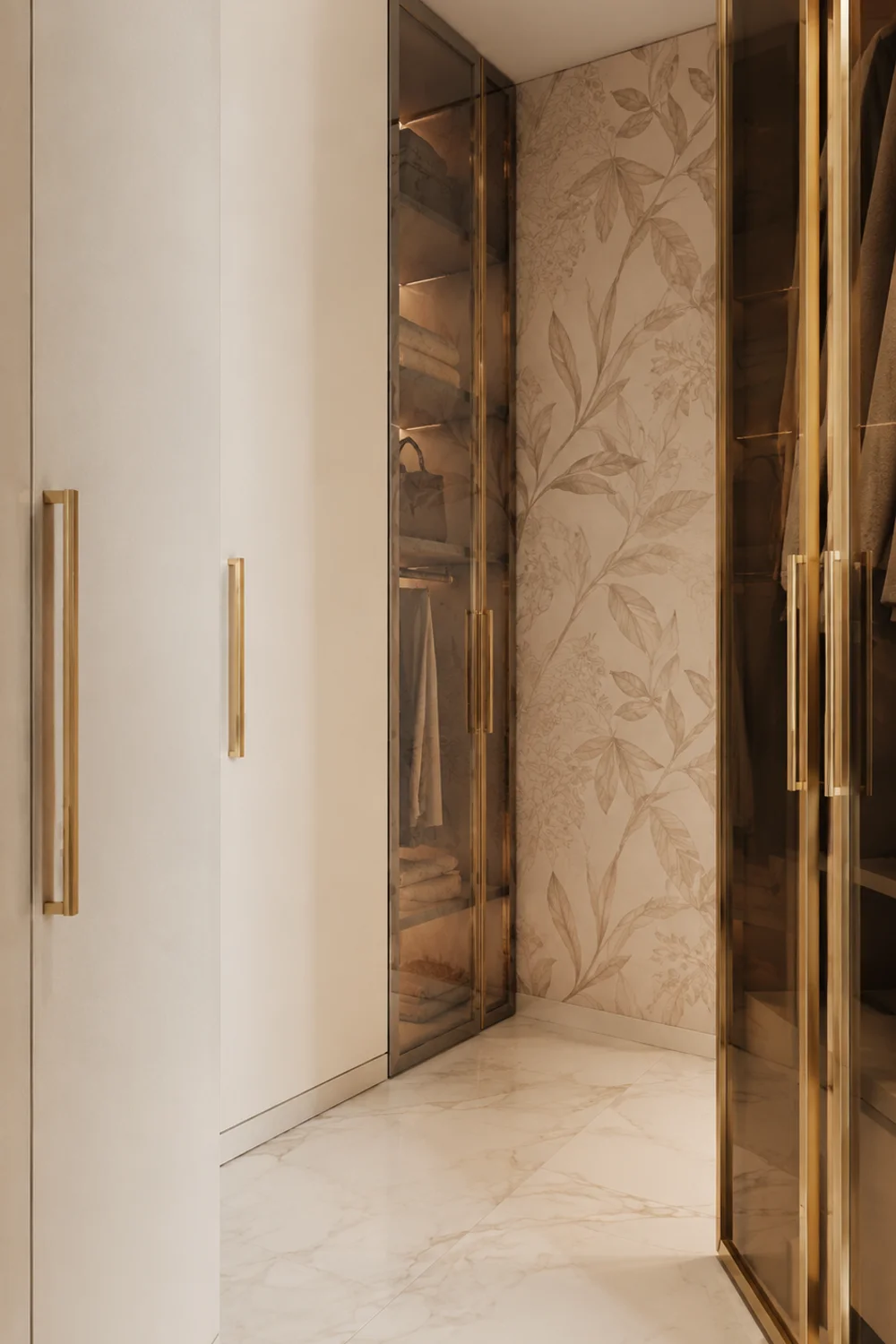 Walk-in closet material palette detail with brass hardware, peel-and-stick botanical wallpaper, and marble-look tile floor