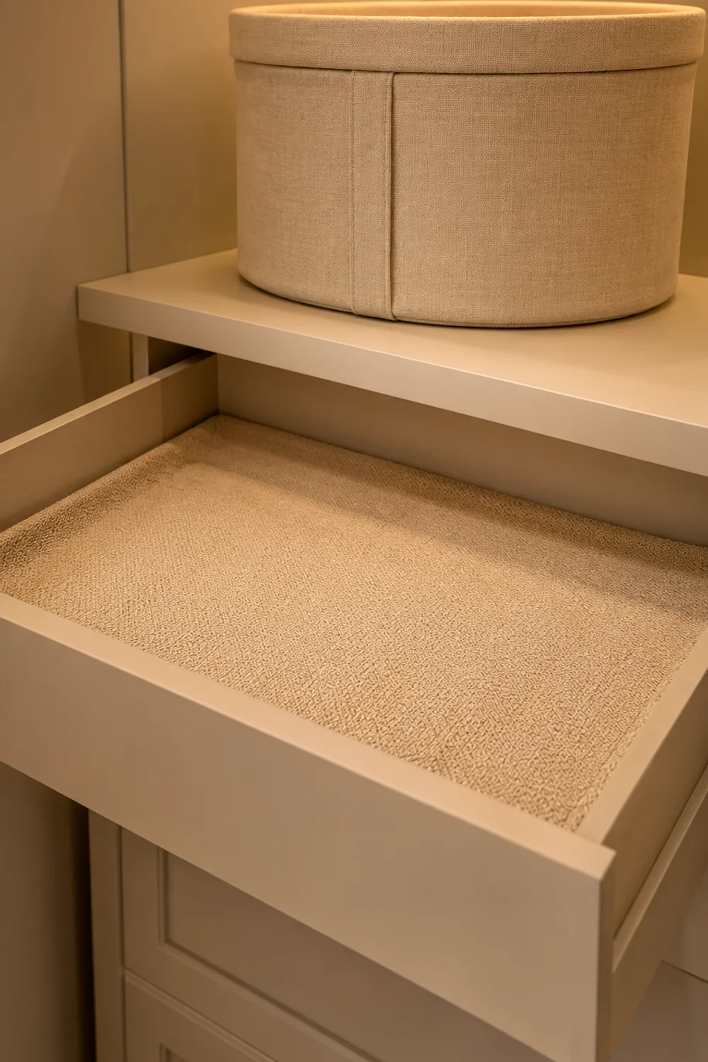 Neutral linen fabric drawer liner in open closet drawer with warm ivory wall background